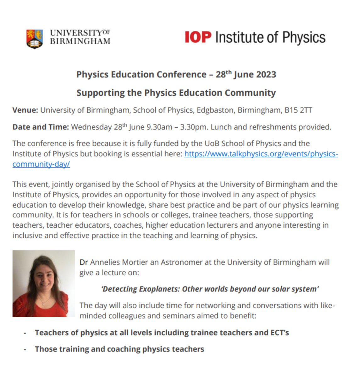 Join us on Wed 28th June from 9:30am to 3:30pm on campus, at the School of Physics to learn more about secondary physics education! Lunch and refreshments provided
More information and booking available now: talkphysics.org/events/physics…
#teachphysics <a href="/UoBTeachPhysics/">UoBTeach_Physics</a> <a href="/getintoteaching/">Teaching</a>