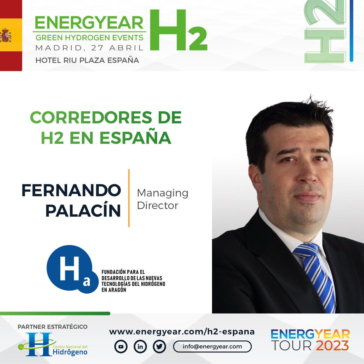 👆🏼Fernando Palacín, director de #FundaciónHidrógenoAragón, estará en el Panel Corredores de H2 Verde.