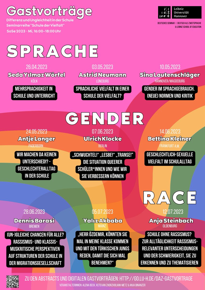 Der Arbeitsbereich Deutsch als Zweitsprache lädt (Mi, 16-18ct) ein: Online (!) Gastvortragsreihe 'Schule der Vielfalt: Differenz und Ungleichheit in der Schule – Sprache, Gender und Race'. Alle Interessierten sind herzlich eingeladen! go.lu-h.de/daz-gastvortra… #twlz #diversity