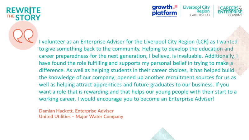 LCRCareersEnt's tweet photo. You can be part of positive change, helping to support schools and colleges to shape young people’s future careers. 🙌

 Hear from Damian Hackett about his experience 
as an Enterprise Adviser. 👏 https://t.co/fzQu4MWe96