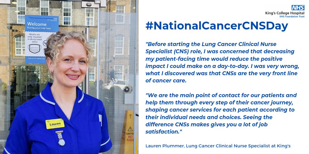 KingsCollegeNHS's tweet photo. Today is #NationalCancerCNSDay, an opportunity to celebrate the incredible work our #CNSs do every day.

Join us as we showcase our brilliant #CancerCNSs.

First, Lauren Plummer, Lung Cancer CNS at King's said: "CNSs are the very front line of cancer care."

#LondonCancerCNS https://t.co/lXFKLXZtSA