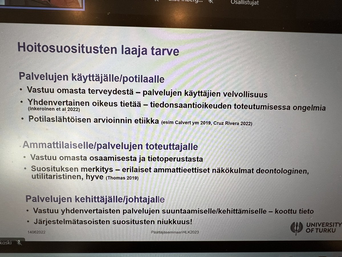 Helena Leino-Kilpi puhuu hoitosuositusten laajasta tarpeesta! Suomalaiset hoitosuositukset ovat eettisesti kestäviä! Etiikan tutkimuksessa on näytön tarve. Eettiset suositukset myöskin pääasiassa yleisiä! @HotusFI <a href="/DuodecimFi/">Duodecim</a>