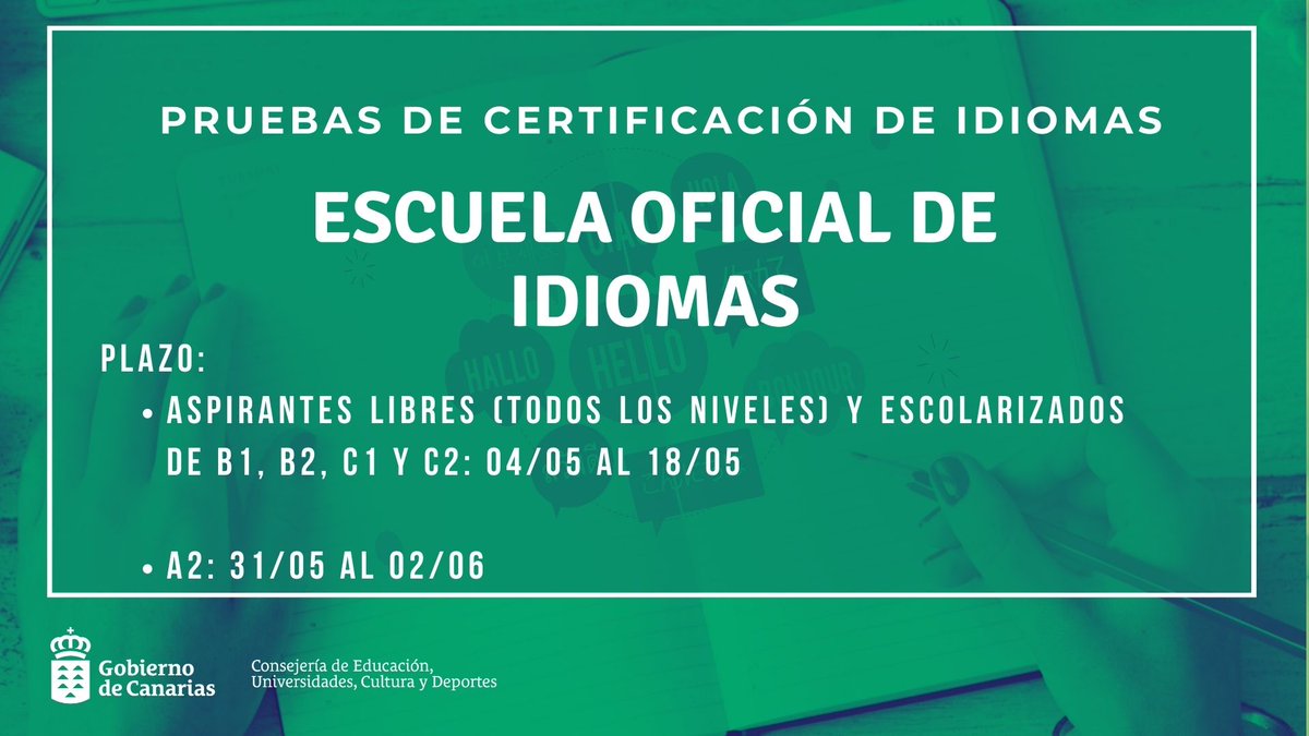 Convocadas las pruebas de certificación de Idiomas para aspirantes libres y alumnado escolarizado, para el curso 2022/23

🗓️Inscripción:

🔸Aspirantes libres (todos los niveles) y escolarizados de B1, B2, C1 y C2: 04/05 al 18/05

🔸A2: 31/05 al 02/06

+ℹ️👇gobiernodecanarias.org/educacion/web/…