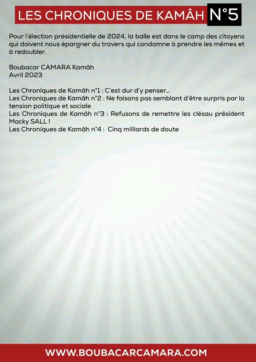 Boubacarcamou's tweet photo. Parution de notre serie 5e articles des Chroniques de Kamâh : 
Entre Pâques et Korité, refusons de prendre les mêmes pour redoubler !  (Chronique N°5). 
#Kamah #Boubacarcamara #Senegal #politique #Visionpolitique #Africa #jengutabax #Kebetu #senegalaise https://t.co/81swg2Umoe