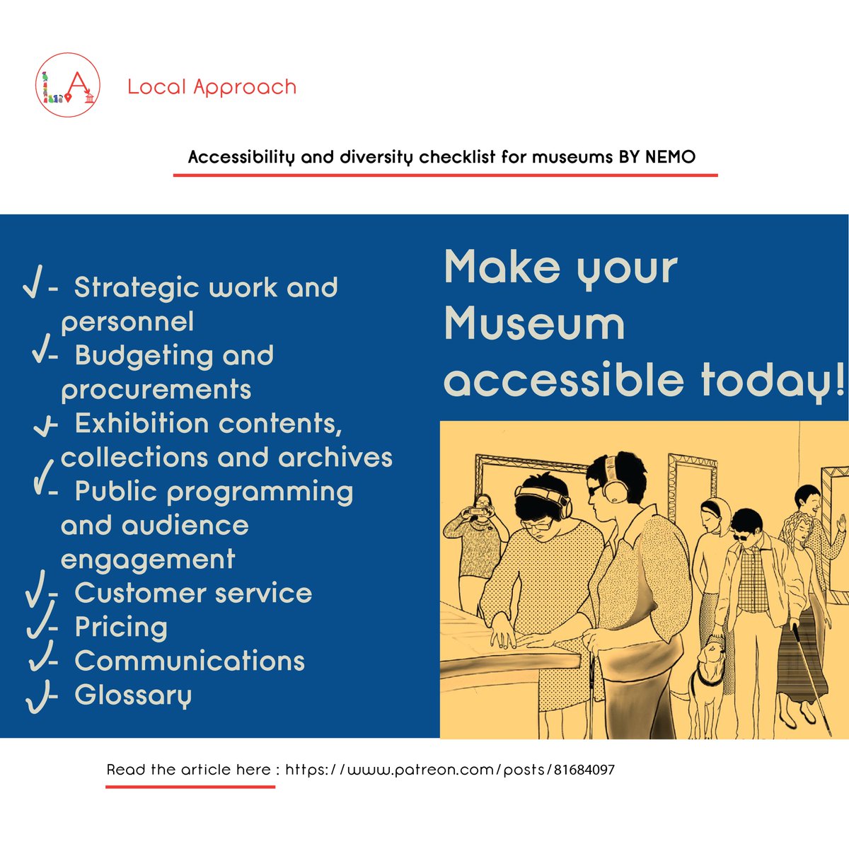 #Accessibility and #diversity checklist for #museums #BYNEMO

patreon.com/posts/81684097

#NetworkofEuropeanMuseumOrganisations #culturalprofessionals #accessiblemuseum

@NEMOoffice 
@BMZ_Bund 
@KulttuuriaKaik
