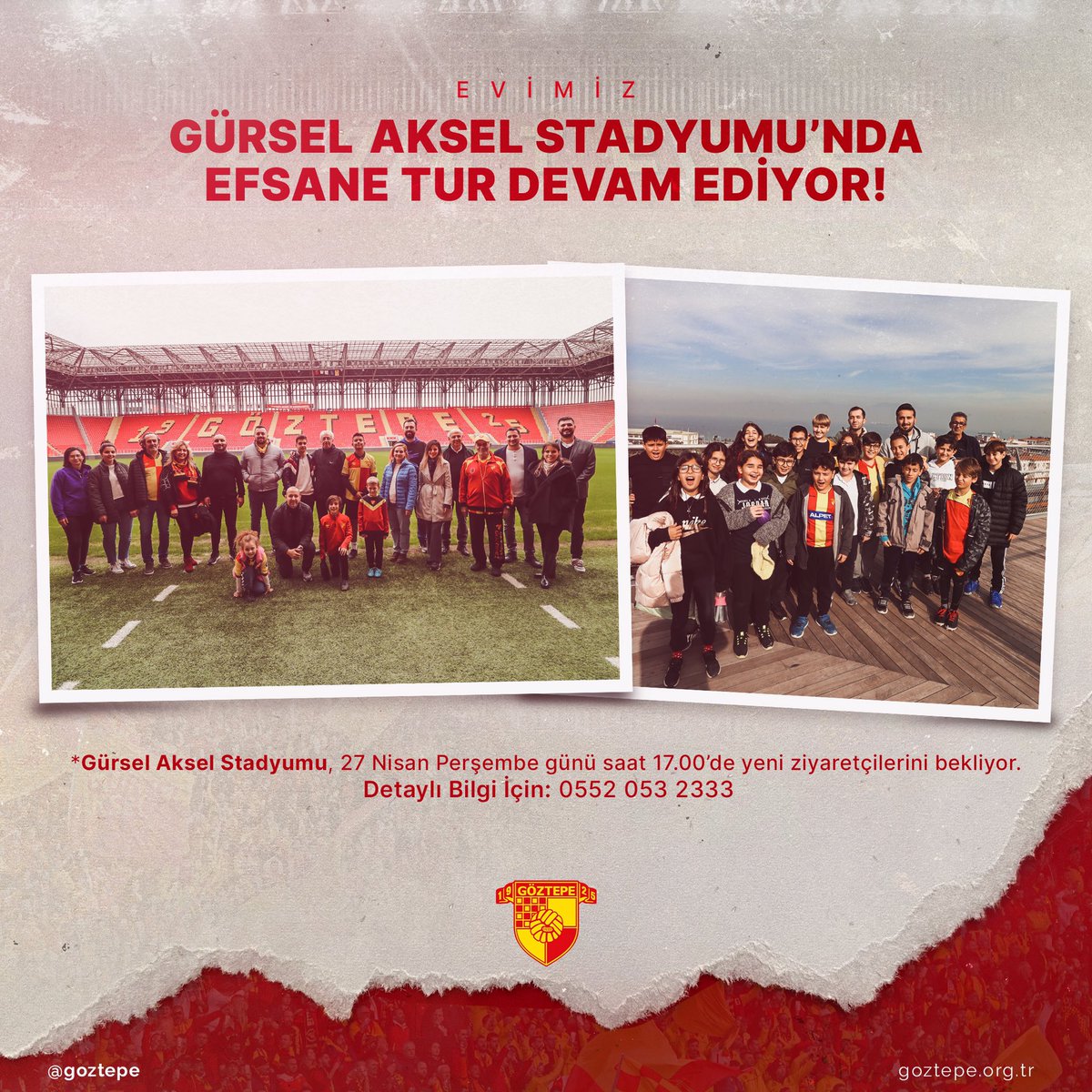 Gürsel Aksel Stadyumu, 27 Nisan Perşembe günü saat 17.00'de yeni ziyaretçilerini bekliyor💛❤

Detaylı bilgi için; 0552 053 2333

#Göztepe #EfsaneTur