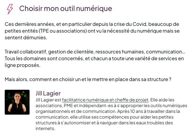 Petit tour du programme : Choisir mon outil numérique, par Jill Lagier, à #SudWeb 2023

On en parle à Sud Web, inscrivez-vous : sudweb.fr/2023/billetter… #autonomie #TPE #association
