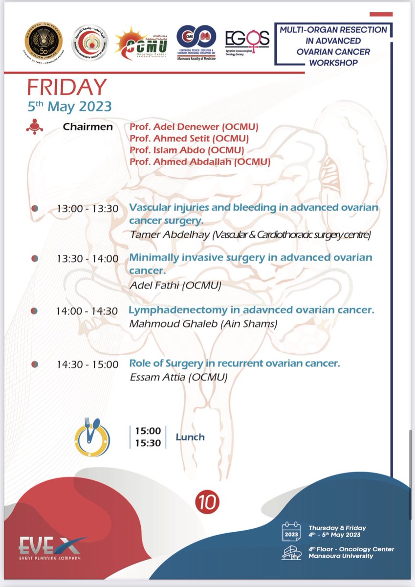 EGOS_goEgypt's tweet photo. Second day agenda of OCMU / EGOS ( multi organ resections in advanced ovarian cancer ) workshop, 4/5 May 2023 @IGCSociety @ESGO_society @IJGConline @IJGCfellows @PARSGO_Official @SGO_org @BGCS_org @pedroramirezMD @GOSOAR2 @LebaneseGOG @leitaomd @gyncsm @ENYGO_official https://t.co/fOiPbFiszX