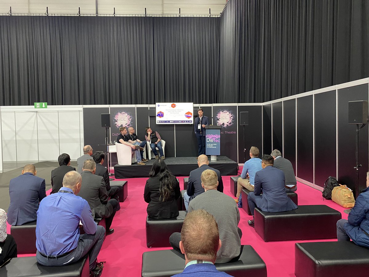 Cervusdefence's tweet photo. Day 3 at ITEC ! Alan Roan, Nick Brown and team talking at DisTec on military metaverse, multi domain training and analytics. #analytics #Hive #Hadean #cervus #forge https://t.co/hhwXh8M9qL