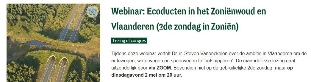 VanonckelenS's tweet photo. Interesse in ecoducten in het #Zoniënwoud en heel Vlaanderen?
Schrijf je dan in voor dit webinar op dinsdag 2 mei! 🌳🌉🦌
https://t.co/uH9F8g9C9a https://t.co/onA9nEM7i2