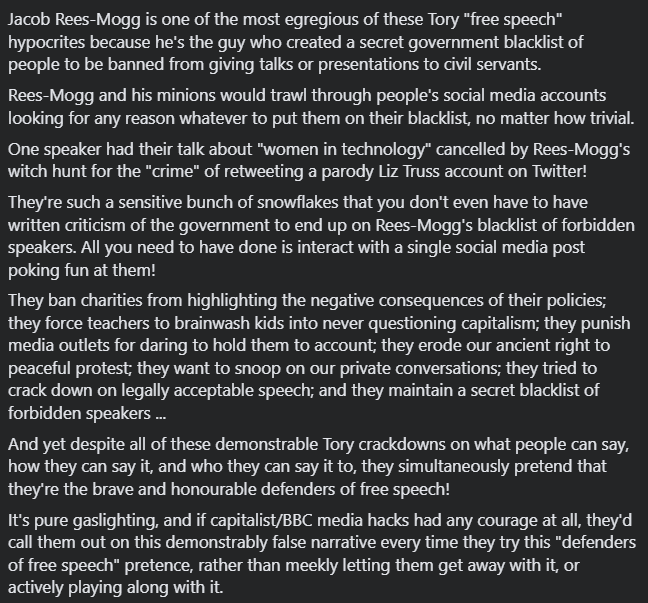 Angry_Voice's tweet image. When Tories like Jacob Rees-Mogg pose as defenders of "free speech" it's pure gaslighting. Here's why: