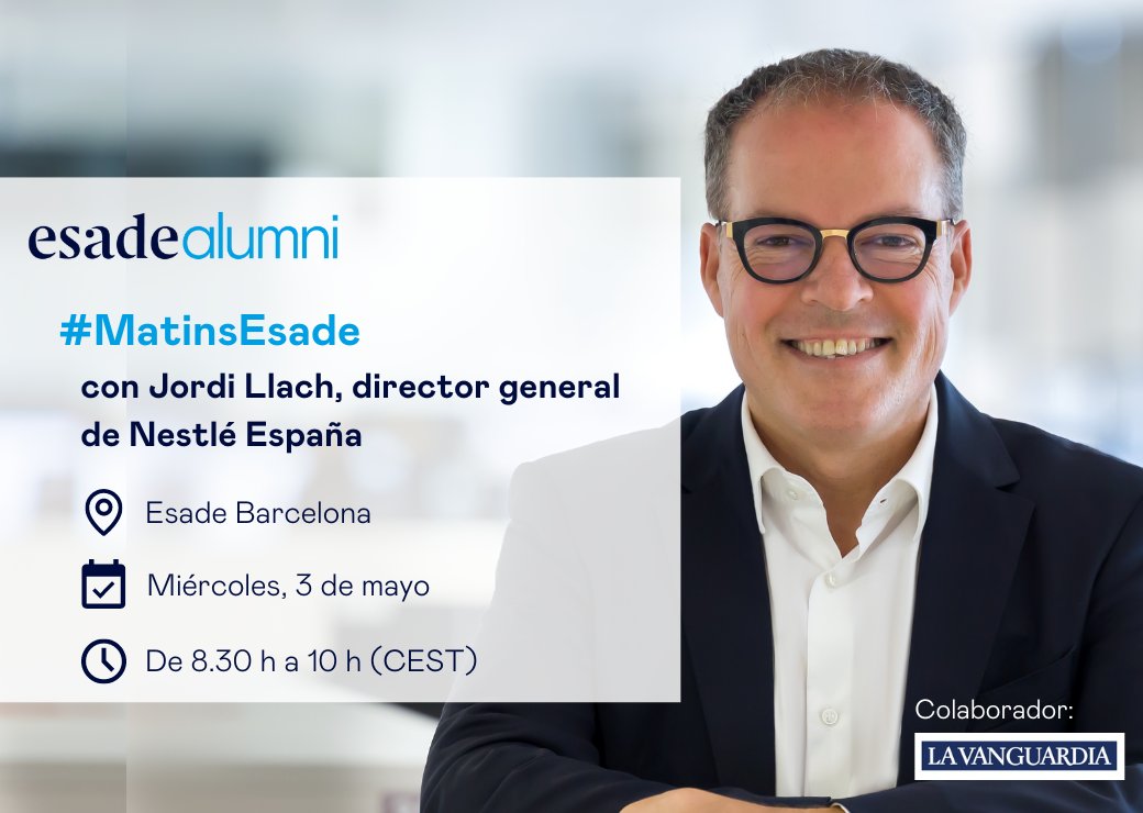 ESADEAlumni's tweet photo. 🔔Llega una nueva sesión de #MatinsEsade con Jordi Llach, director general de @Nestle_es, en la que hablaremos de cómo están navegando dentro de este panorama actual de crisis y hacia dónde se dirige la compañía que lidera. 

👉https://t.co/fkEhJhZ7Az https://t.co/sH8gXIzERI