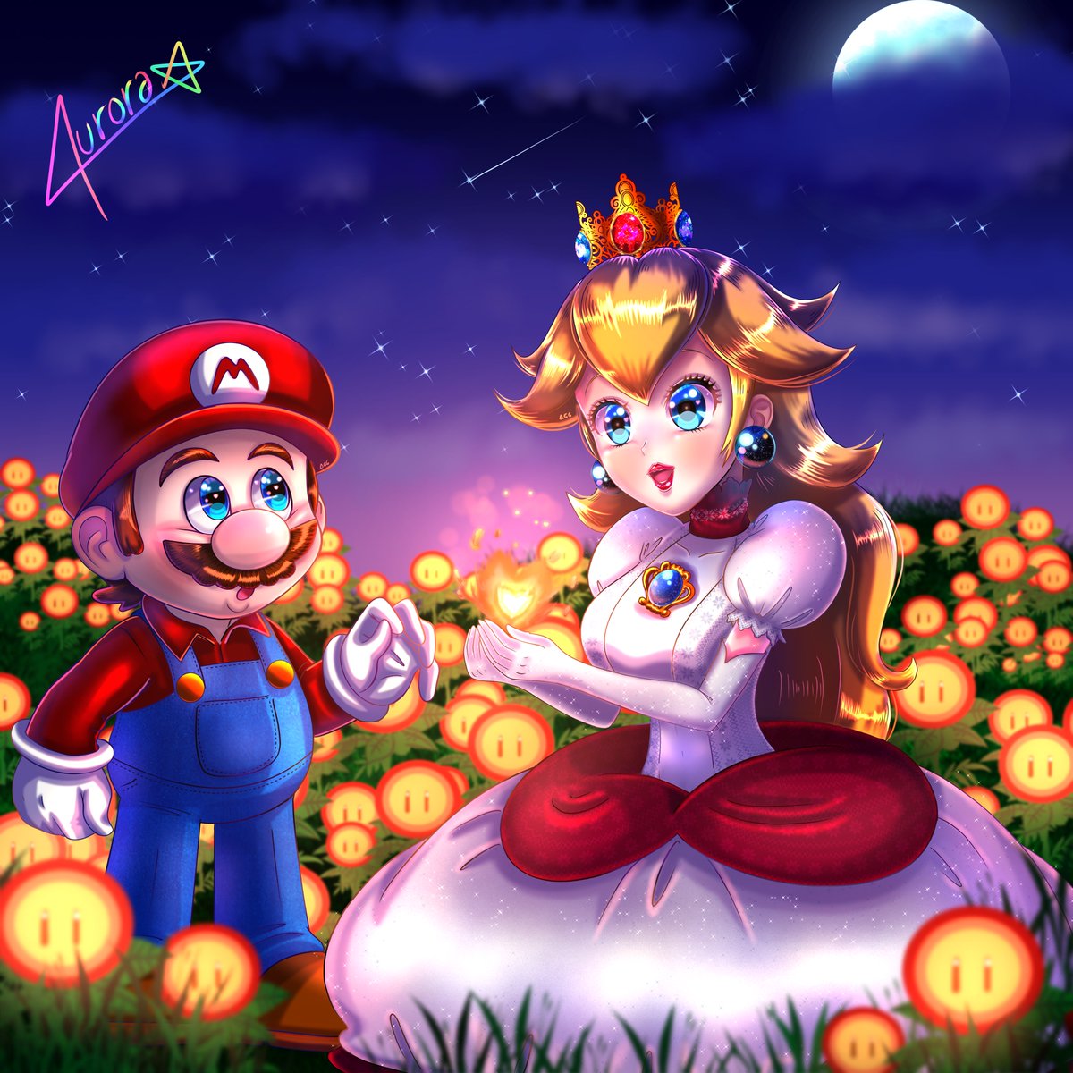 AuroraEdaline's tweet photo. 👷‍♂️👨‍🔧Mario and Princess Peach👸👑 on the field of fire flowers.🌻🔥🌠🌙  #nintendo #princess_peach #super_mario_bros #super_mario_brothers #open_commissions #mario_fanart #peach_nintendo #peach_fanart #peach_mario #super_mario_bros_movie #mario_bros_movie #mario_movie https://t.co/AKZdeX52pA