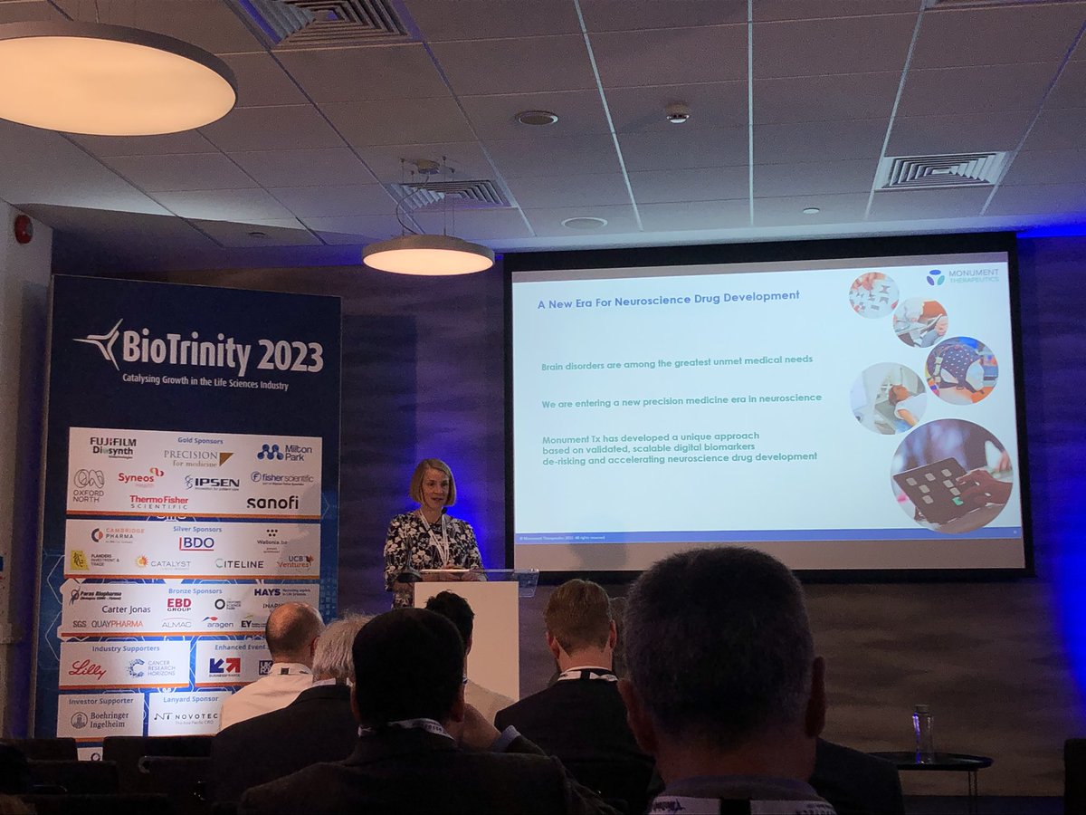 DDWJournal's tweet image. The first session at #BioTrinity 2023 today: Jenny Barnett, CEO of Monument TX, in the #neuroscience scientific spotlight.