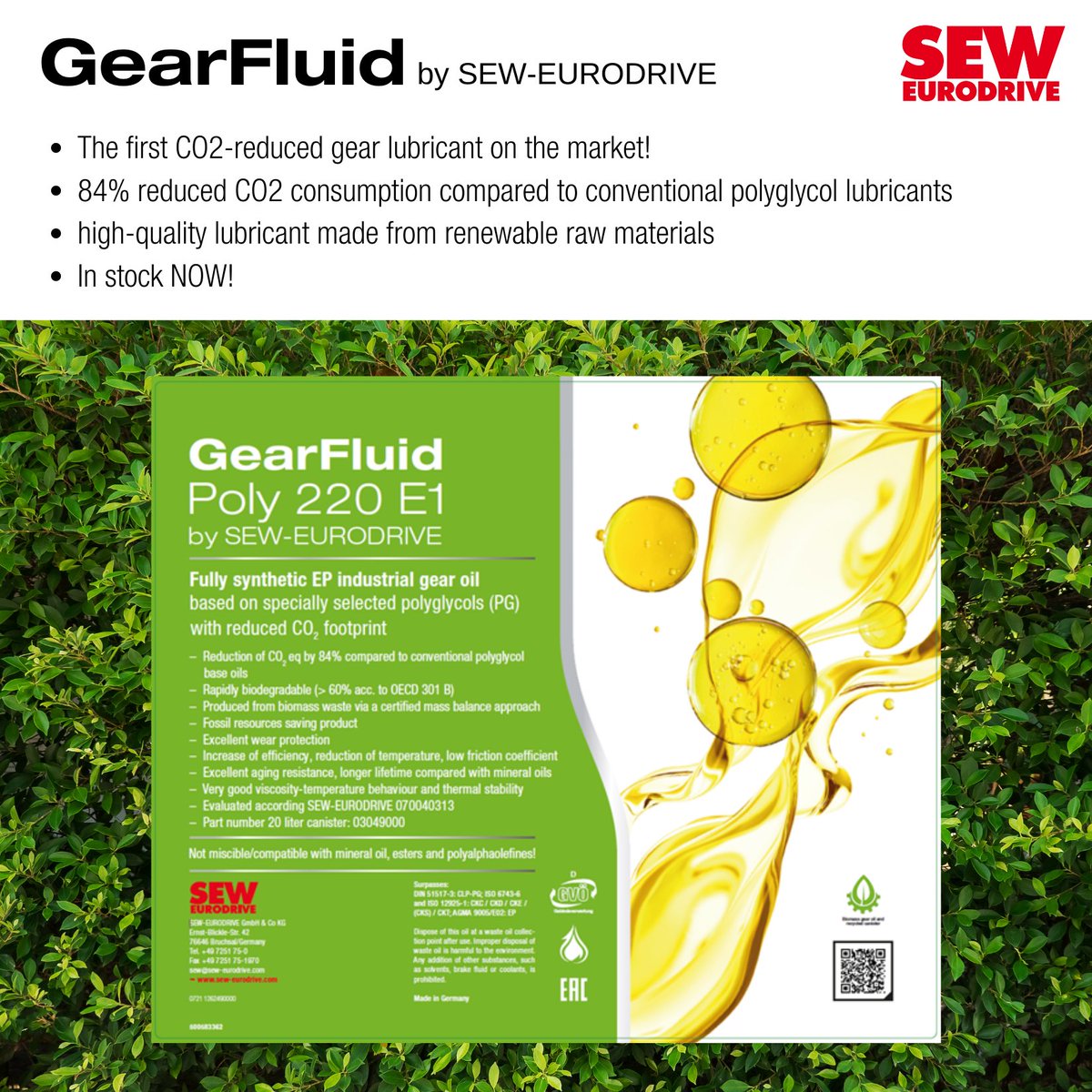 SEWEurodriveUK's tweet photo. Biologically and Environmentally friendly!
GearFluid by SEW-EURODRIVE โ 84% less CO2 used compared to conventional polyglycol lubricant
#energy #sustainable #oil #biodegradable #co2reduction #drivingtheworld #seweurodrive #sustainability https://t.co/EheZ8hoprO