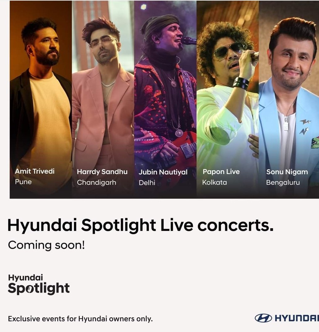 Introducing Hyundai Spotlight Live concerts with India’s top artists performing live exclusively for Hyundai owners. Watch this space for more details.
#HyundaiSpotlight #Hyundai #HyundaiIndia #ILoveHyundai #AisiCareNowhere