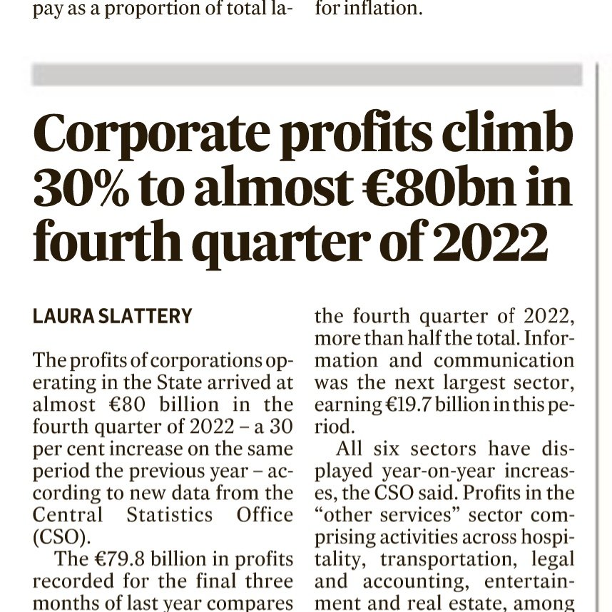 Quite something to see this pair of headlines beside each other in the Irish Times yet neither story connects the dots 🤦🏻 #SellersInflation

'Corporate profits climb 30%' as 'Workers see sharp drop in living standards'
