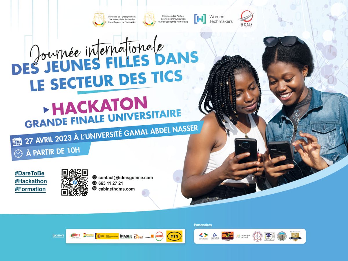 📢Rendez-vous demain jeudi 27 Avril 2023  à l'Amphithéâtre D de l'Université Gamal Abdel Nasser de Conakry.
Heure : 9h à 14h
Inscription : gdg.community.dev/e/mygdba/

#MESRSI #GDGRatoma 
#MPETEN 
#IWDGuinée2023 #Womentechmakers 
#WTMDareToBe
<a href="/auwalms/">Auwal MS</a> <a href="/Kolokodess/">Ada Nduka Oyom</a>