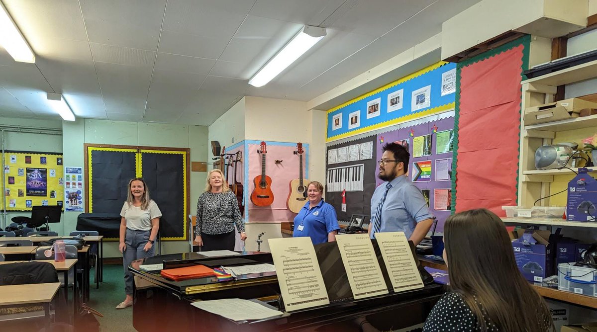 BanffAcademyBXA's tweet photo. As part of our wellbeing programme for staff, our 1st choir practice was held, we came together to sing a medley of songs from LesMiserables. Thanks to Miss Johnston for teaching us.  Look out Banff Academy - our first performance will be coming to a stage near you  soon! 🎼🎤 https://t.co/P4UHtjlZZV