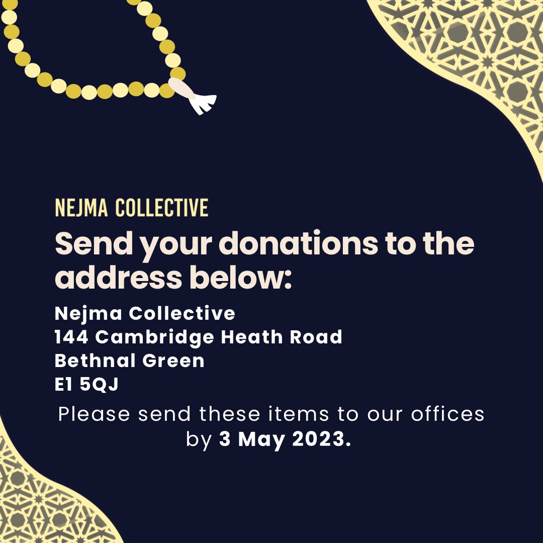 Salaam everyone! This is a reminder that the Nejma Collective will be delivering gift packs to 45 Muslim women at HMP Downview on Fri 5 May 2023. We urgently need more tasbihs and hijabs by Wed 3 May 2023 latest. Please see details for drop off / online orders below!