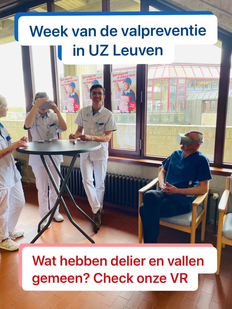 UZLeuvenNursing's tweet photo. Onze #verpleegkundigconsulent #vallen Gretel Silkens  brengt de week van de valpreventie tot leven @UZLeuven. Een escaperoom #valpreventie, mogelijkheden van een #vloerbed, een #VirtualReality bril en de samenhang tussen vallen en delier, ... #verpleegkunde #ouderenzorg #Nursing https://t.co/eQHQSPl7Ax