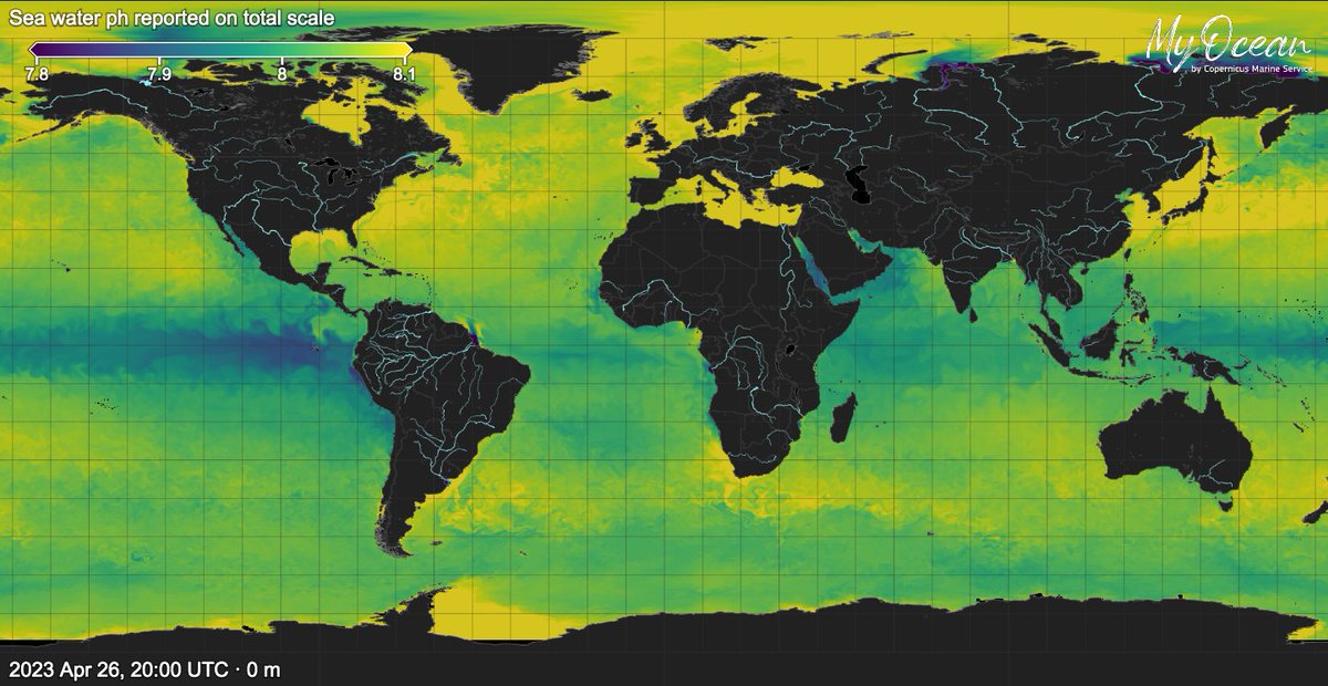 CMEMS_EU's tweet photo. DYK that since the 20th Century #OceanAcidity has increased by 30%❓

Ocean acidification is a major threat to marine #biodiversity 🐟

#CopernicusMarine products enable monitoring the pH (a measure of acidity level) of #OurOcean 🌊

⬇️Seawater pH, 26 April 2023 https://t.co/thNvQATcLe