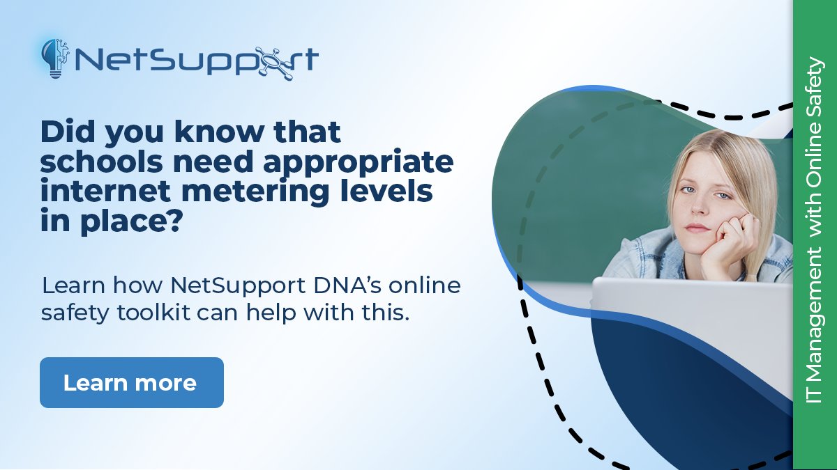 NetSupportInc's tweet image. Numerous pieces of official guidance such as Prevent Duty, KCSiE, ISTE, CIPA and more state that schools must have appropriate levels of internet metering in place. Learn how NetSupport DNA can help with this mvnt.us/m1399926

#InternetMetering #OnlineSafety
