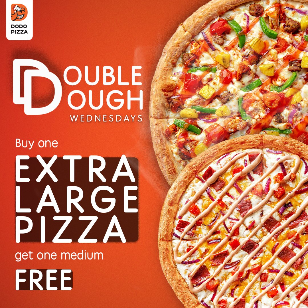 It's another Wednesday to Double D Dough!!🍕 Buy 1 extra large pizza today and get 1 medium pizza, FREE💃🏽 Use the code DTD2022 to enjoy our Double D Dough promo today!🍕 ❤️ Visit our website dodopizza.ng to place your order now! Available today only! Order Now!!🍕