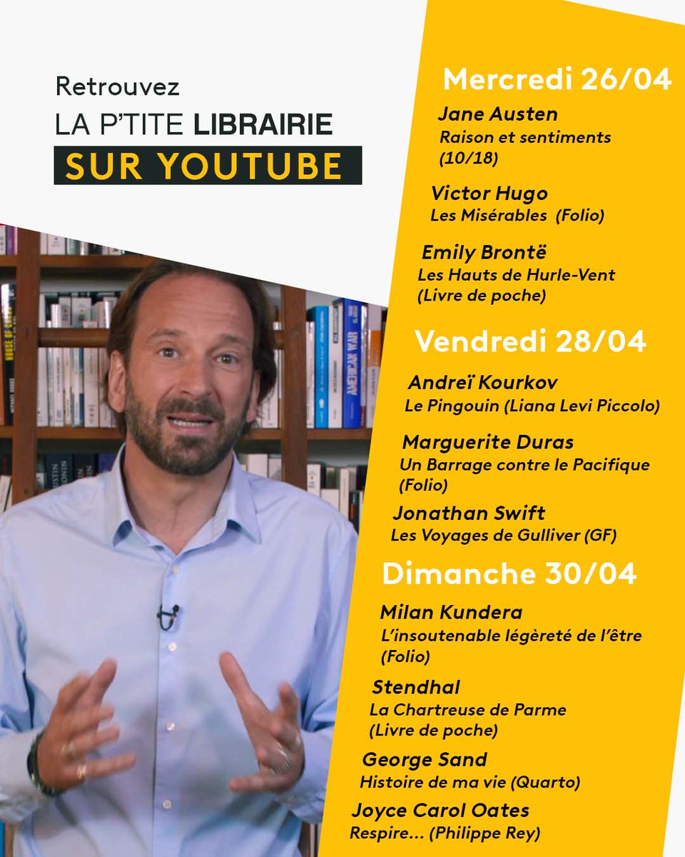 GrandeLibrairie's tweet photo. 👀La P'tite Librairie est désormais disponible sur Youtube !
📚Plongez dans la bibliothèque de François Busnel et découvrez ses conseils de lecture ! 
📺Les mercredis et vendredis à 19h00 et les dimanches à 10h00 sur la chaîne Youtube de La Grande Librairie. https://t.co/NyDTaxuAdV