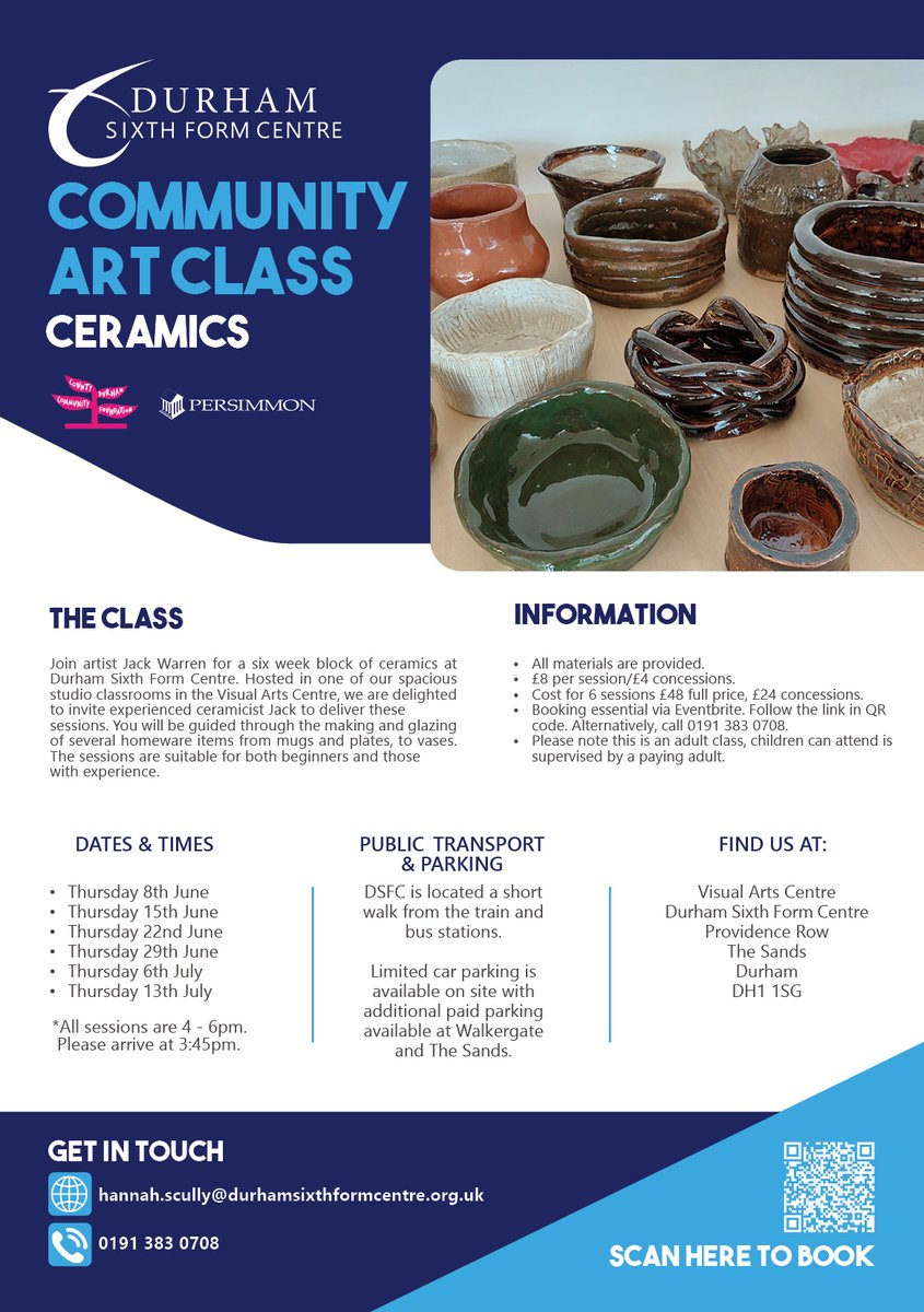 DSFCArt's tweet image. Thankyou to our funders The City of Durham Parish Council, @PersimmonHomes Community Champions and @CountyDurhamCF for making our new programme of classes possible
Classes are open for booking:
sites.google.com/durhamsixthfor…
#communityclasses
#artclasses
#Durham
#whatsonindurham