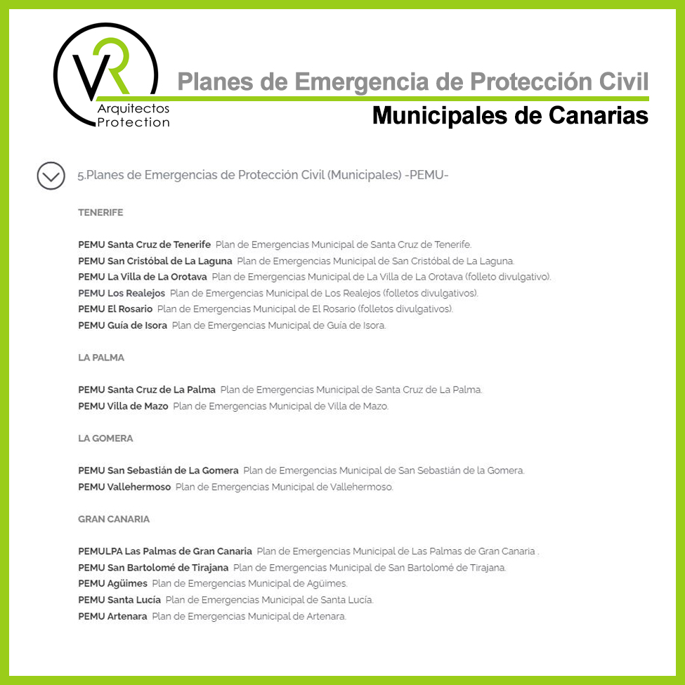 VRarqProtection's tweet image. Consulta en nuestra web vrarquitectos.es los #Planes de #Emergencia disponibles en todo el ámbito de #Canarias en nuestra sección de #Normativa

✅Enlace:
vrarquitectos.es/index.php/mas-…