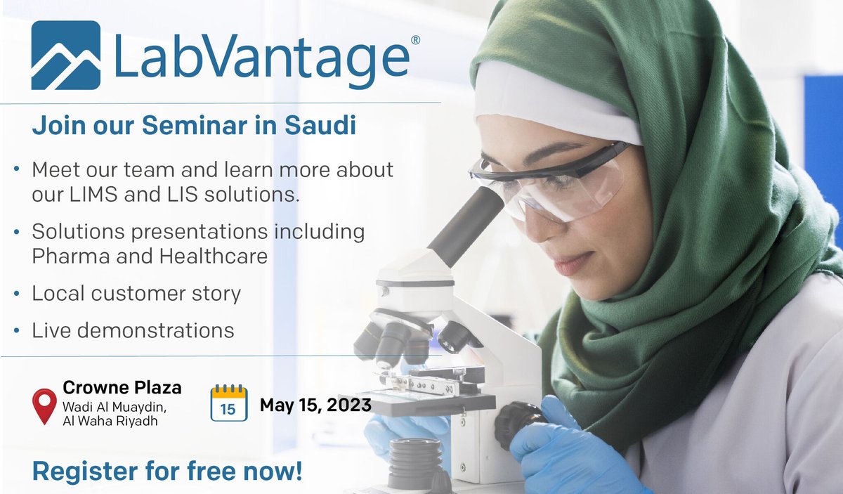 LabSystemsa's tweet photo. Come meet us at LabVantage upcoming seminar (15 May 2023) in Riyadh, Saudi Arabia. 🤩

Save the date and register now!
https://t.co/6Det4cwWLF

#labvantage #LIMS #LIS #Seminar #Riyadh #Labofthefutur https://t.co/35Z9Aa1YAJ