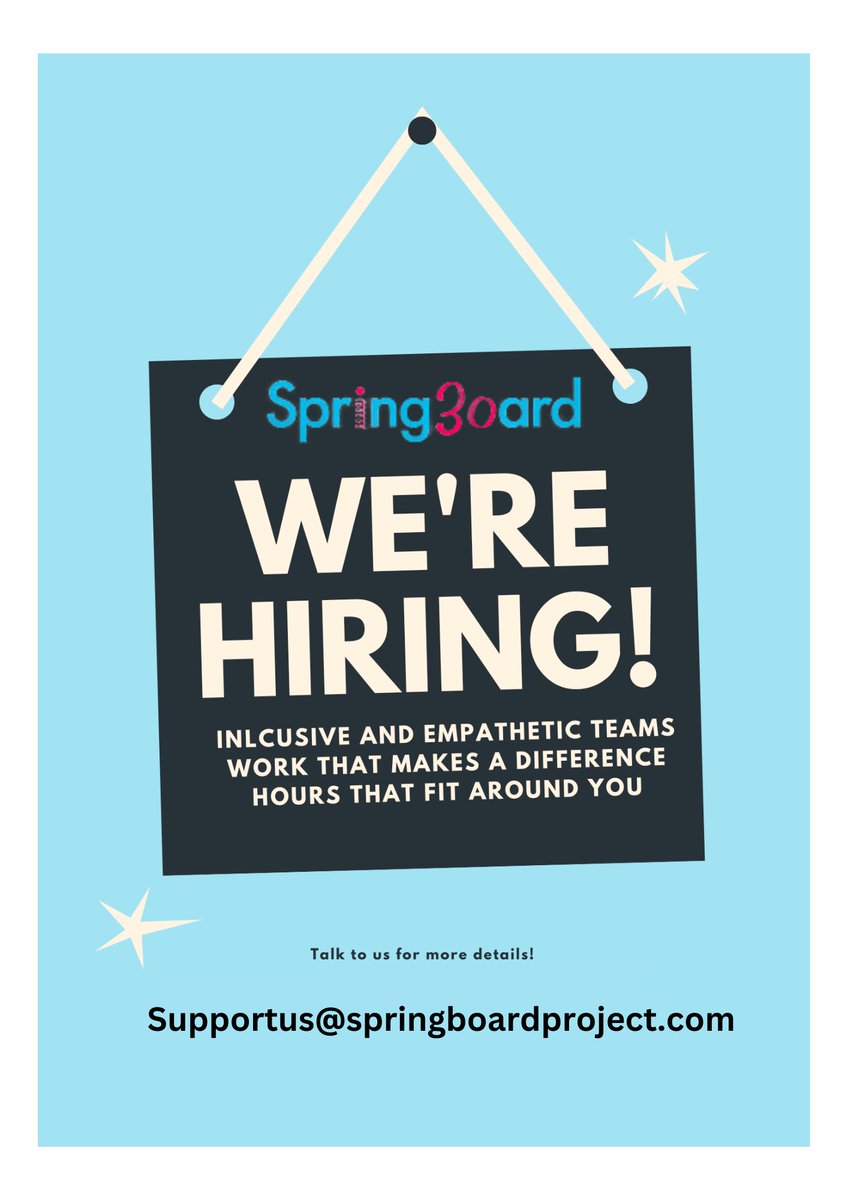 SpringboardP's tweet image. We’re Hiring!If you are looking for a change in career path, a job that makes a difference, working with a great team of people, let’s chat!From flexible working, WPA cash plan, full time or term time only.For more info supportus@springboardproject.com @DistrictPost @VisitHorsham