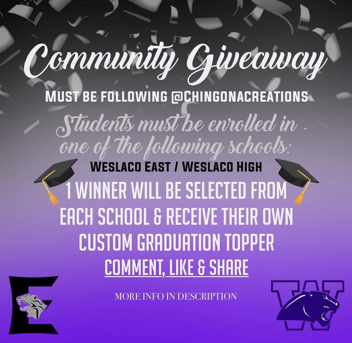 ShopChingona's tweet photo. Weslaco Seniors! We are hosting a giveaway for a custom graduation cap on our Instagram so check us and sign up for your chance to win your own graduation topper for your special day! 🎓💜🖤 #Classof2023 #WeslacoEast #WeslacoHigh https://t.co/B8onS2Ifu9