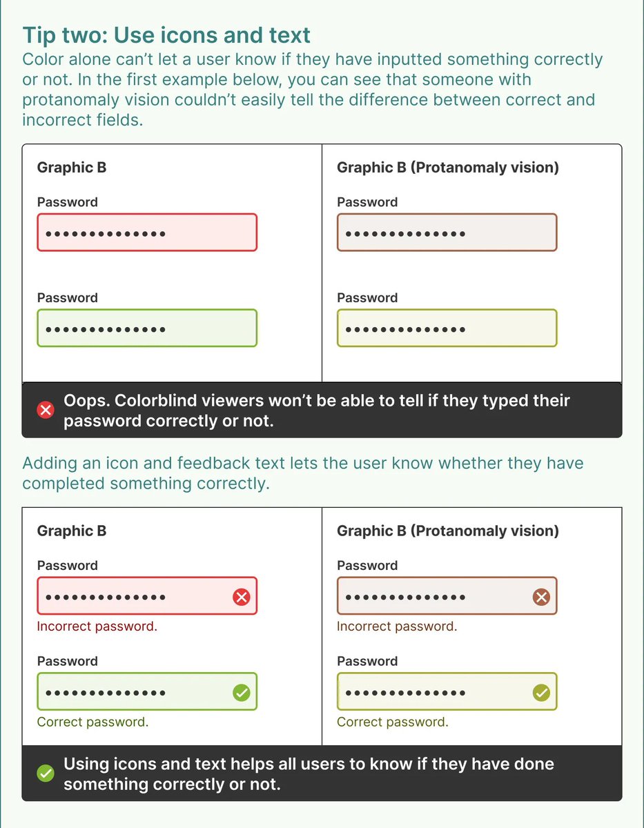 101babich's tweet photo. UI Design rule: Don't use color alone to denote meaning

We tend to use color to describe things; red is for wrong, green is for good, and orange is for warning. But none of this means anything to a colorblind person.  

📷: @TessGadd https://t.co/JY09caEcxU