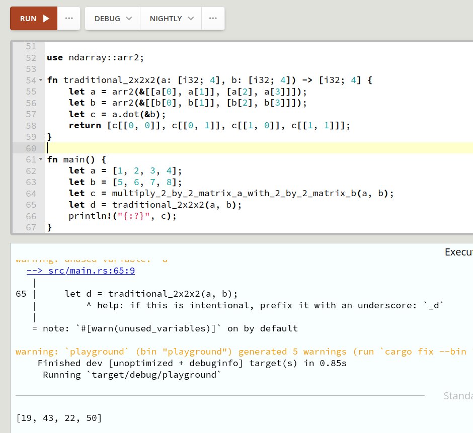 planetis_m's tweet image. Spent some time implementing in #Nim the SIMD optimized version of the 2x2x2 matrix multiplication found by #AlphaTensor Had to fix a mistake in original code on the right... #Rust syntax looks awful.