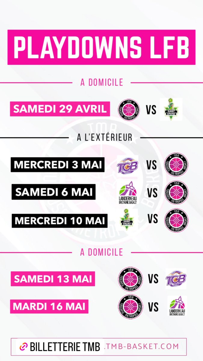 TMB_Basket's tweet photo. 🏀 PLAYDOWNS @basketlfb 
Voici le programme des matchs à venir pour le @TMB_Basket ! 
Le maintien commencera par se jouer dès samedi à 20h contre @St_Amand_Basket .
🎟️ Prenez vos places des maintenant et profitez de notre dispositif pour voir le match du stade au petit palais !! https://t.co/USCsQYVyZX