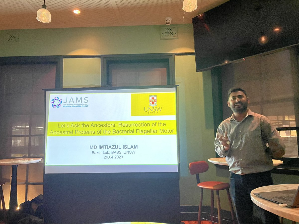 JAMS (@jamsorgau) on Twitter photo And now <a href="/Imtiaz_Mircro/">Md Imtiazul Islam</a> telling us how amazing the bacterial flagella is!
FYI it rotates faster than any man made machine!
An impressive talk, and congratulations on finishing up your #PhD Imtiaz!
#JAMS #JAMSSyd #microbiology #community And now <a href="/Imtiaz_Mircro/">Md Imtiazul Islam</a> telling us how amazing the bacterial flagella is!
FYI it rotates faster than any man made machine!
An impressive talk, and congratulations on finishing up your #PhD Imtiaz!
#JAMS #JAMSSyd #microbiology #community
