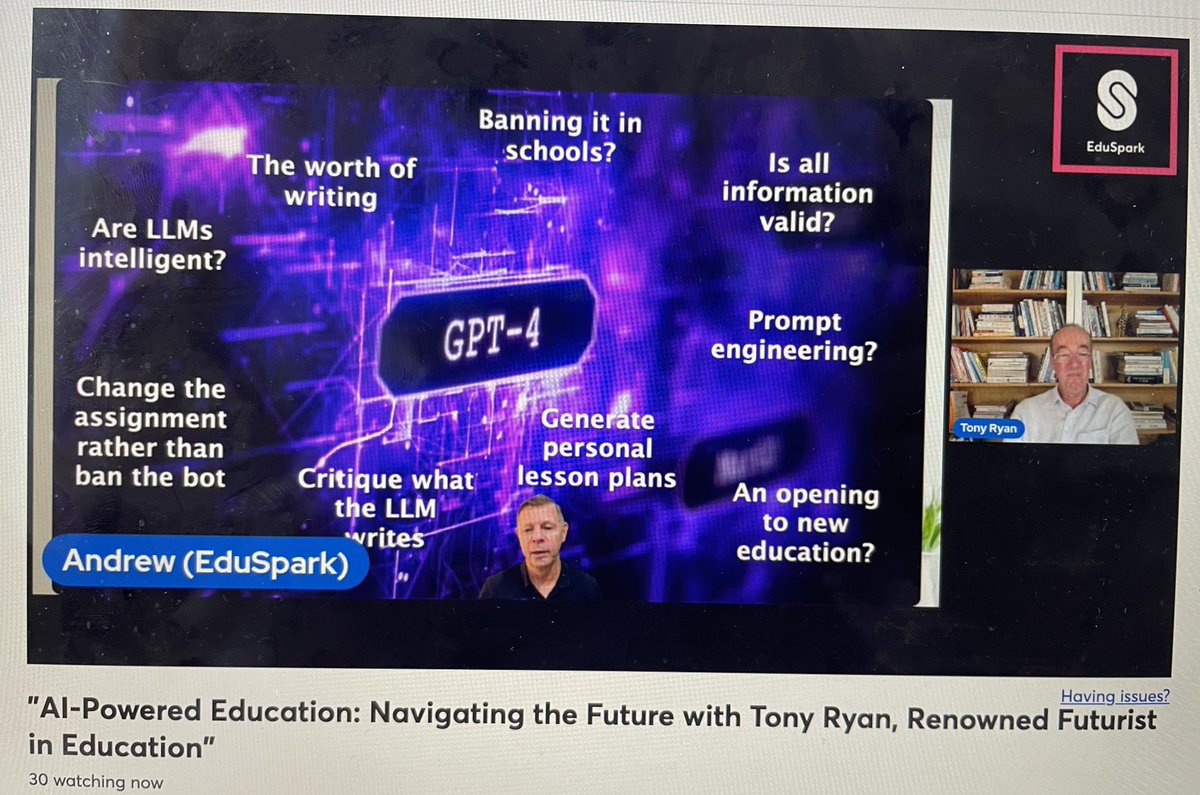 mrkempnz's tweet image. I LOVE listening and learning with @aussietony - so many insights about AI and the future of education in todays FREE session thanks to @EduSparkWorld #artificalintelligence #learning #edchat #edtech #eduspark