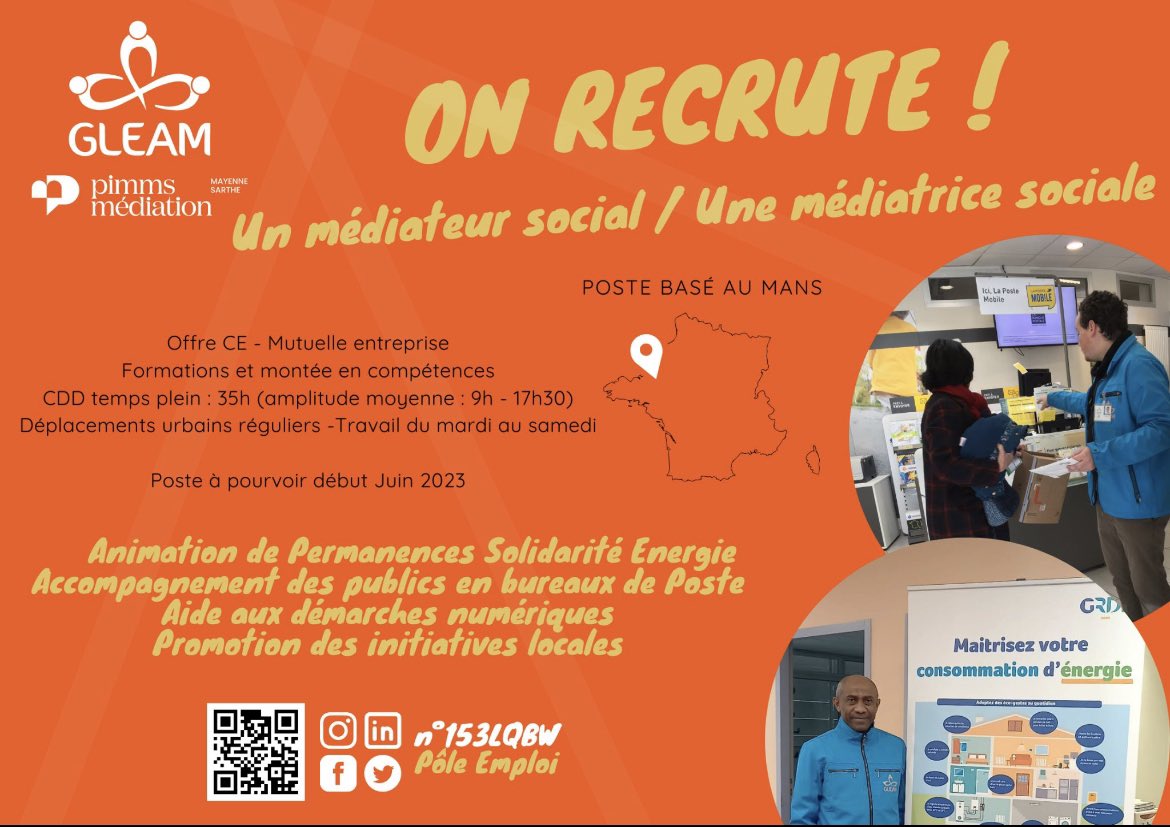 Le <a href="/GLEAMPimms/">GLEAM - Pimms Médiation Mayenne Sarthe</a> recrute en <a href="/sarthefr/">Département de la Sarthe</a> et <a href="/ofcourselemans/">Of course Le Mans</a> dans le cadre de nos missions de médiation sociale avec <a href="/LPNews_PDL/">La Poste Groupe PDL</a> <a href="/GRDF/">GRDF</a> <a href="/enedis_pdl/">Enedis en Pays de la Loire</a> <a href="/EDF_PdL/">EDF Pays de la Loire</a> 
🤝👍🫵