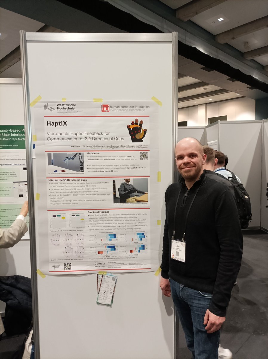 hci_due's tweet photo. Max Pascher (@maxpascher) is currently presenting his poster on "HaptiX - Vibrotactile Haptic Feedback for Communication of 3D Directional Cues" at #CHI2023 😃 @GermanHCI #germanhci https://t.co/JlqwYksM7M