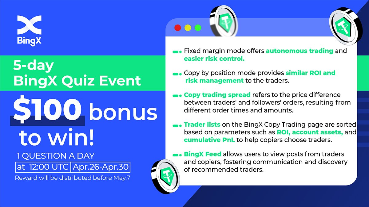 BingX_Arabic's tweet photo. 👉 سؤال واحد كل يوم الساعة 12:00 بالتوقيت العالمي، من 26 أبريل إلى 30 أبريل
💡 سيتم اختيار فائز محظوظ واحد بشكل عشوائي كل يوم .

✅ كيف تربح:
1. جيم و رتويت 
2. أرسل إجابتك كـ #QUIZ0426 + الخيار في جروب التلغرام   👉https: //t.me/bingxofficial
مثال:#QUIZ0426 D
👇مراجعة كويز👇 https://t.co/OqaZaB87Us