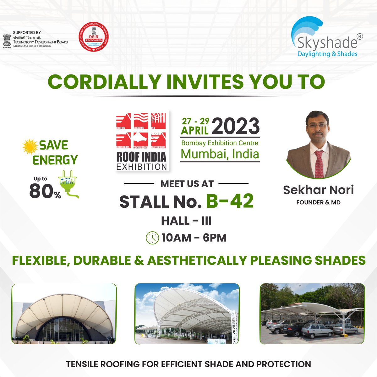 skyshade__'s tweet image. We cordially invite you to experience Skyshade stall at the @RoofIndiaExpo 2023. Skyshade is proud to present its path breaking innovations in Daylight Harvesting Technology, bringing #energyefficiency  and reducing carbon emissions.
#roofing #bombayexhibitioncentre