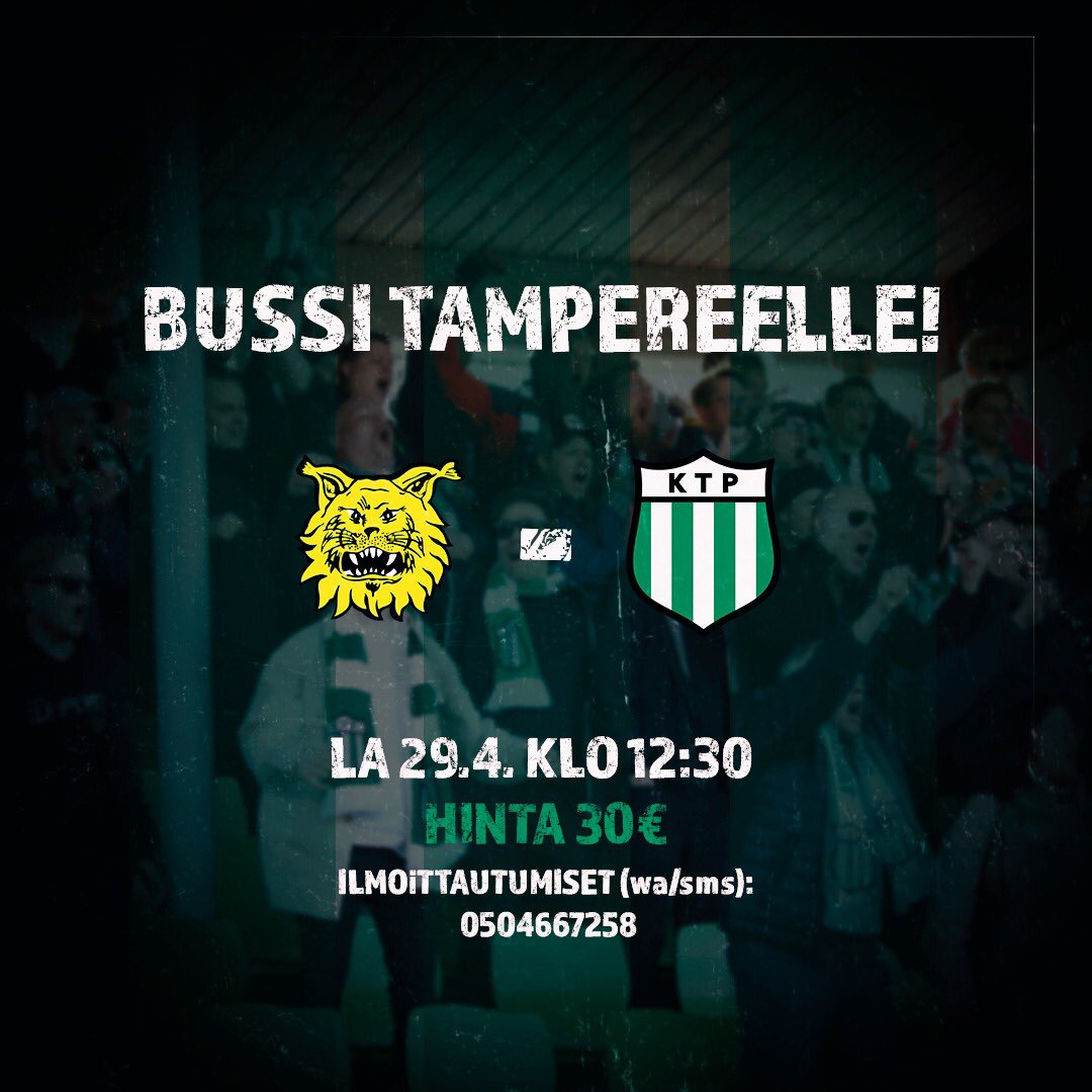 TAAS MENNÄÄ! 

Kauden ensimmäinen vierasmatka Ilves away Ratinan stadionilla lauantaina 29.4. 🇳🇬 

Hinta vain 30€ + lippu. (maksu käteisellä bussissa tai Mobile pay)

HUOM! Bussi kulkee kehä I kautta, joten kyytiin myös Pukinmäen asemalta.

Lähtö Pub Haka Pirtin edestä klo 12:30
