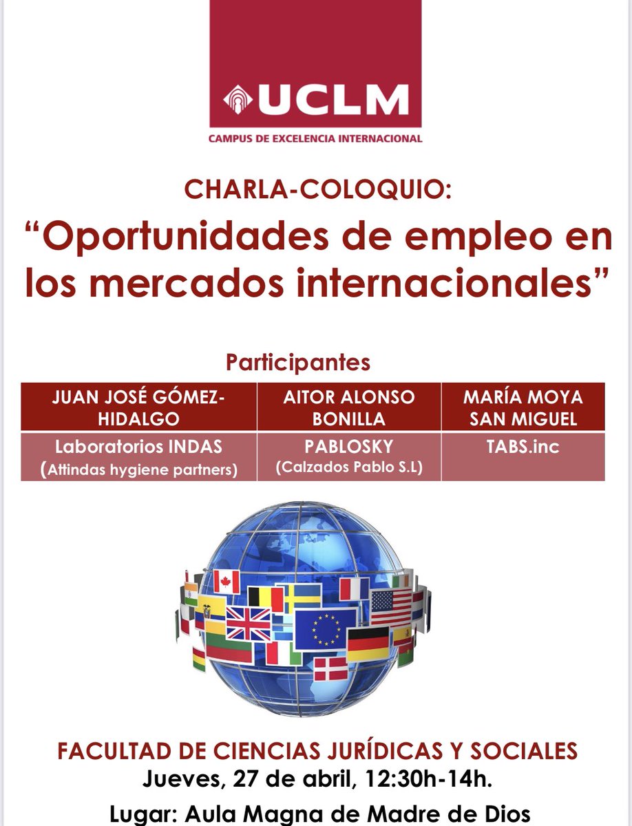 carmen_diazmora's tweet photo. ✅ Estudiantes @uclm_es: Mañana jueves, 27 abril, os esperamos 12.30h en aula magna Facultad Ciencias Juridicas y Sociales #Toledo para charla-coloquio sobre oportunidades de #empleo vinculadas a #EconomíaInternacional con 3 profesionales: @Lab_Indas, @PabloskyShoes y @TABSinc https://t.co/jZ6MlDXf05