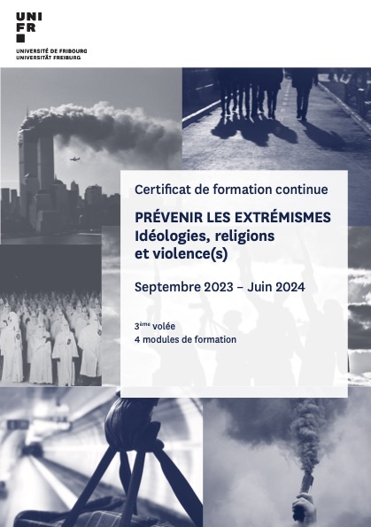 « CAS prévenir les extrémismes - Idéologies, religions et violence(s) »
Septembre 2023 – juin 2024, 18 jours de formation <a href="/unifr/">Uni Fribourg</a>
Délai d’inscription : 31 mai 2023
Information et inscription:
unifr.ch/formcont/fr/fo…

#extrémisme #radicalisation