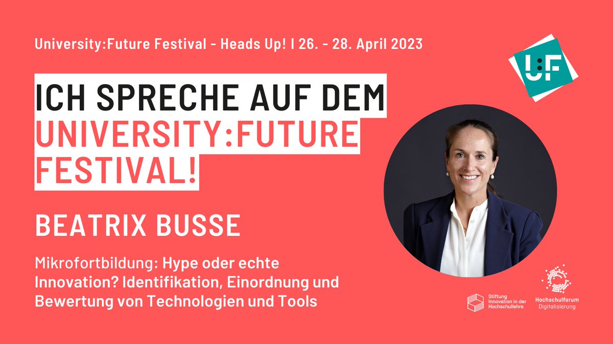 Ich freue mich, wieder gemeinsam mit meinem Team (@UniCologne) am #UFFestival (@stifterverband & @HDFdigital) teilzunehmen. Wir sprechen über #Hybridität und #Lehrqualität, #PolitischeBildung an der #Universität sowie Innovationen und Hypes im Bereich #EdTech.