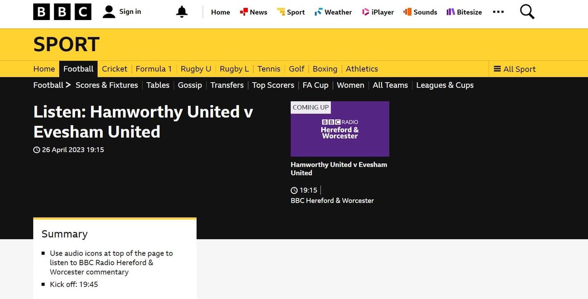 EveshamUnitedFC's tweet photo. If you cannot make the big game tonight at @HamworthyUtdFC you can listen to the @bbchwsport commentary with Steve Miller. It is live on the BBC Sport website and via the BBC app from 7.40pm. Thanks to the BBC for the coverage. https://t.co/MQ4JuD9wX5