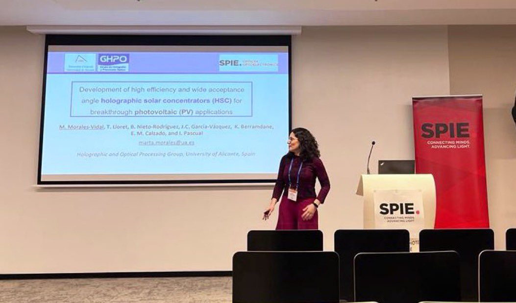 SPIE Optics and Optoelectronics. Prague 24-27 April 2023. Holography: Advances and Modern Trends VIII. “Development of high efficiency and wide acceptance angle holographic solar concentrators for breakthrough photovoltaic applications” by Dr. Marta Morales-Vidal (<a href="/GHPO_UA/">Group of Holography and Optical Processing</a>)
