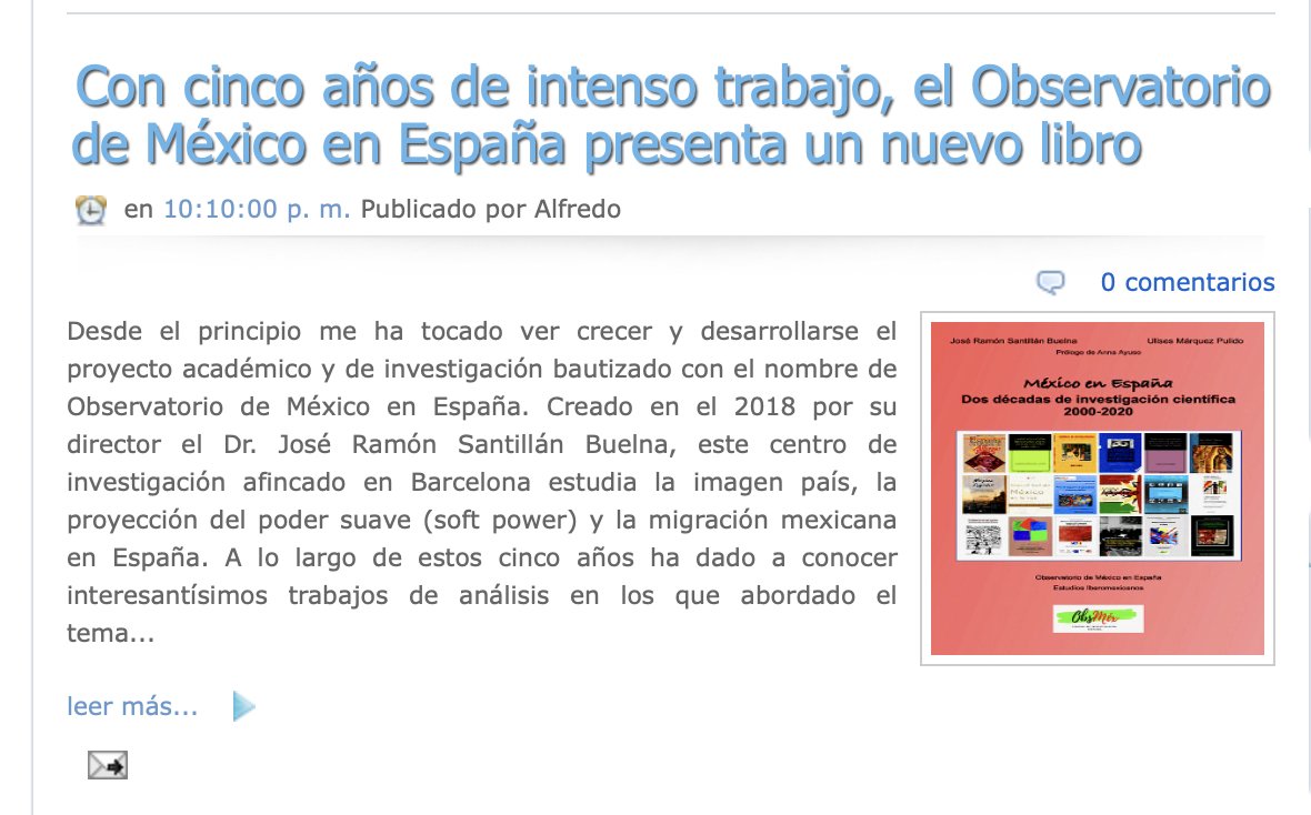 Observatorio de México (@obsmexesp) on Twitter photo Agradecemos a Alfredo Rodríguez <a href="/mexicanosenesp/">Alfredo Rodríguez Brondo</a> por la nota publicada de nuestro último libro sobre la presencia mexicana en España.
Disponible: bitly.ws/DwMh Agradecemos a Alfredo Rodríguez <a href="/mexicanosenesp/">Alfredo Rodríguez Brondo</a> por la nota publicada de nuestro último libro sobre la presencia mexicana en España.
Disponible: bitly.ws/DwMh